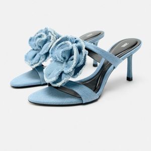NWT Zara Woman Floral Heeled High Heel Denim Sandals Shoes Size 8